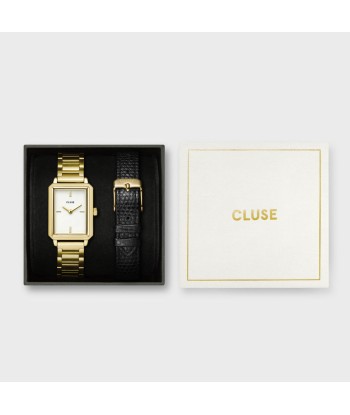 COFFRET CADEAU FLUETTE STEEL WATCH AND BLACK LEATHER LIZARD STRAP, GOLD COLOUR la chaussure