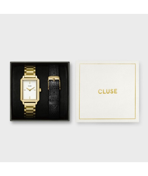 COFFRET CADEAU FLUETTE STEEL WATCH AND BLACK LEATHER LIZARD STRAP, GOLD COLOUR la chaussure