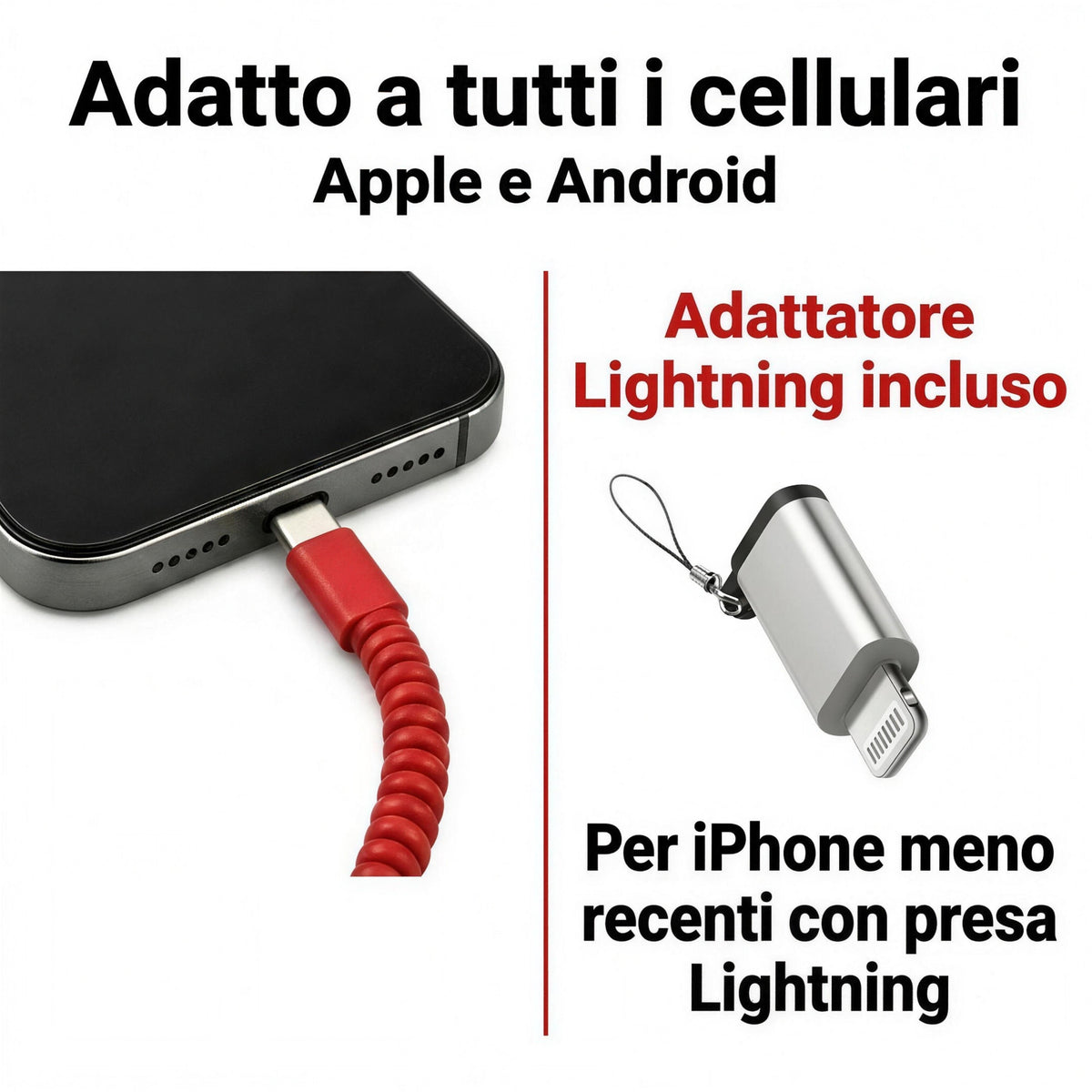 Adatto a tutti i cellulari Apple e Android: cavo USB-C con adattatore Lightning incluso per iPhone meno recenti